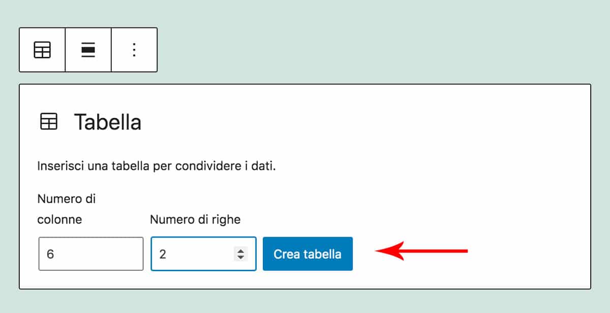 Il tasto crea tabella nell'editor di WordPress