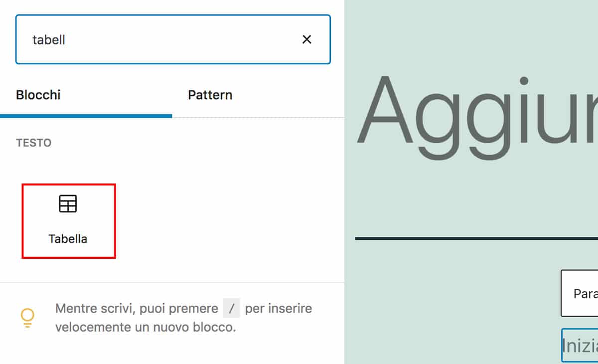 Il blocco tabella nell'editor di WordPress