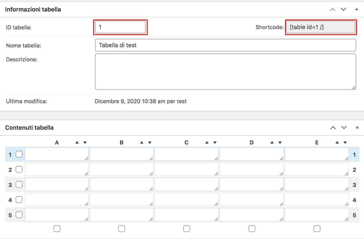 ID e shortcode tabella