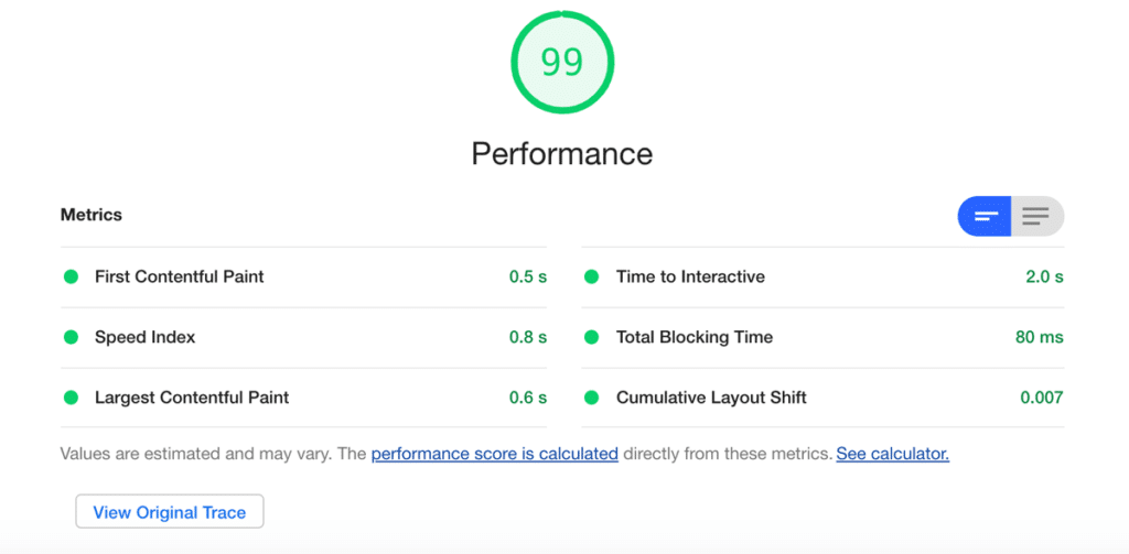 La sezione performance di Google LightHouse