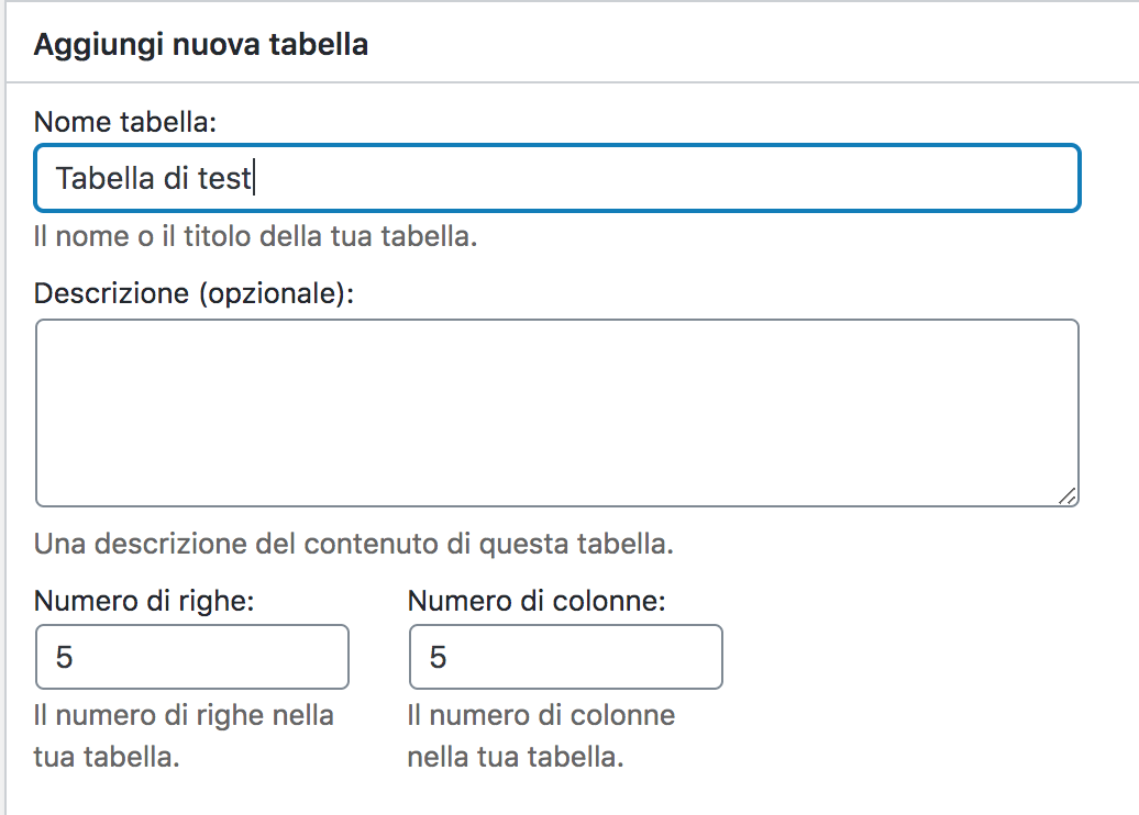 Creare nuova tabella WordPress con TablePress