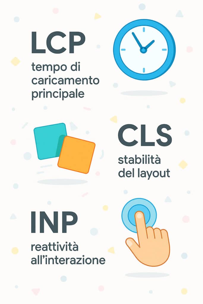 Infografica verticale Core Web Vitals con sezioni LCP, CLS e INP spiegate visivamente con icone e testi in italiano