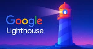 Audit tecnico SEO e performance con Google Lighthouse su sfondo futuristico con elementi digitali e logo originale