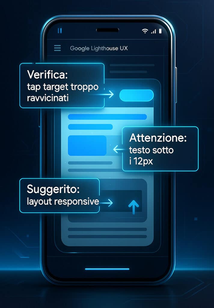 Mockup smartphone con test UX mobile di Google Lighthouse: tap target, testo piccolo e layout responsive