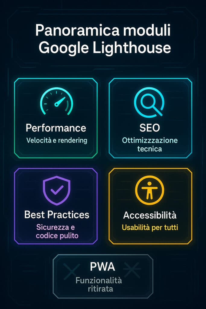 nterfaccia digitale futuristica di Google Lighthouse con aree evidenziate: Performance, SEO, Accessibilità, Best Practices, PWA