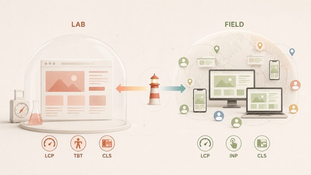Google Lighthouse: cos’è, come usarlo e interpretare correttamente i risultati 1 Confronto tra test Google Lighthouse in laboratorio e Core Web Vitals misurati sugli utenti reali