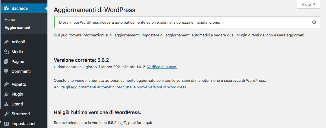 La funzione di aggiornamento automatico di WordPress.