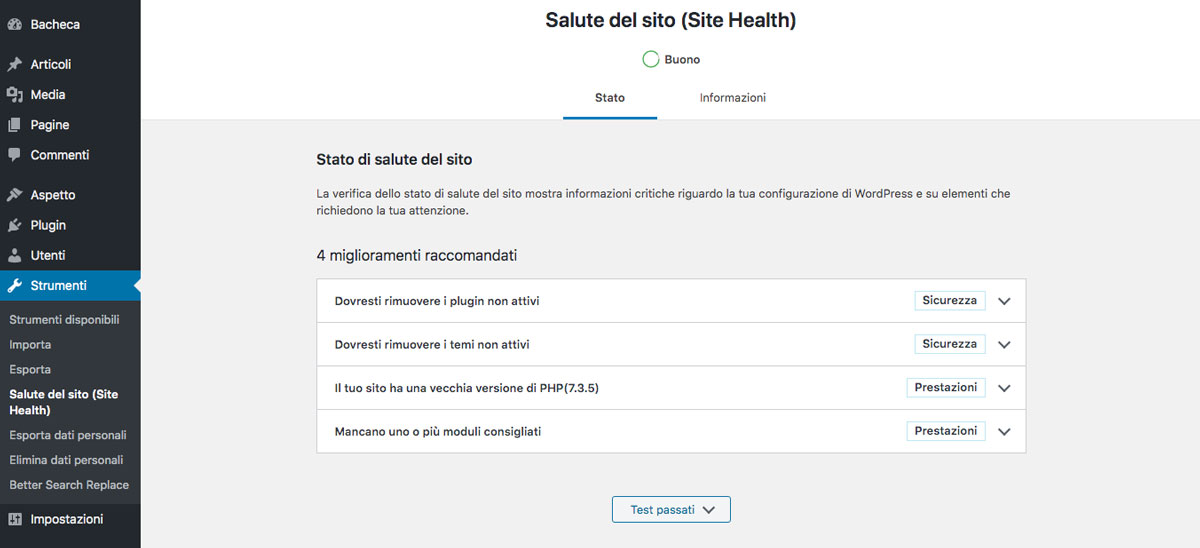Schermata Site Health di WordPress. 