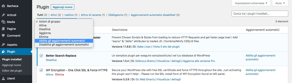 Abilitare gli aggiornamenti automatici dalla dashboard dei plugin di WordPress.