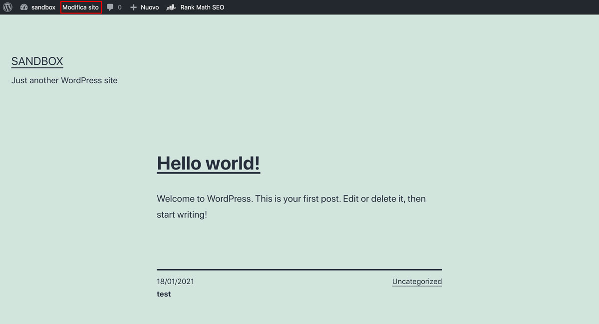 Apertura dell'Editor del sito completo di WordPress.