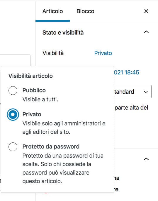 menu visibilità articolo di WordPress