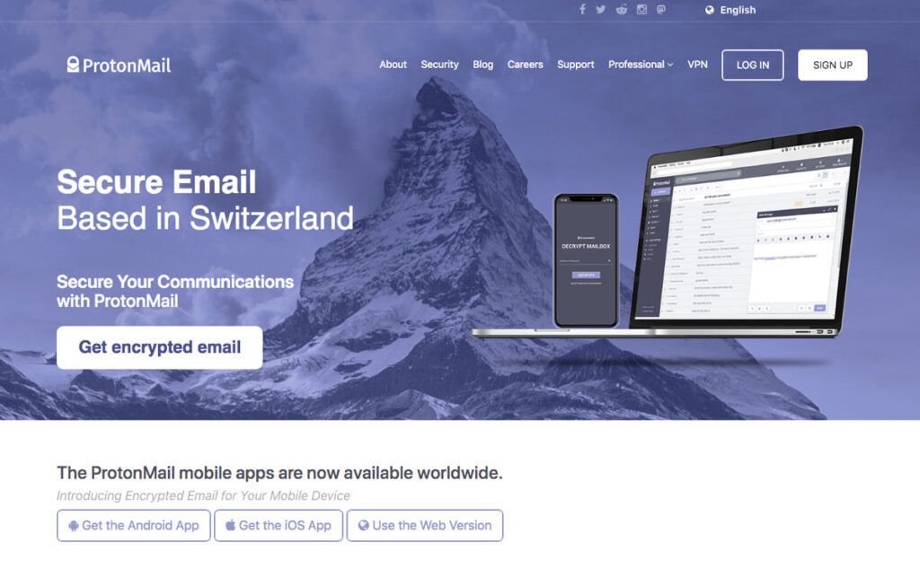 La home page di ProtonMail, una delle alternative a Gmail