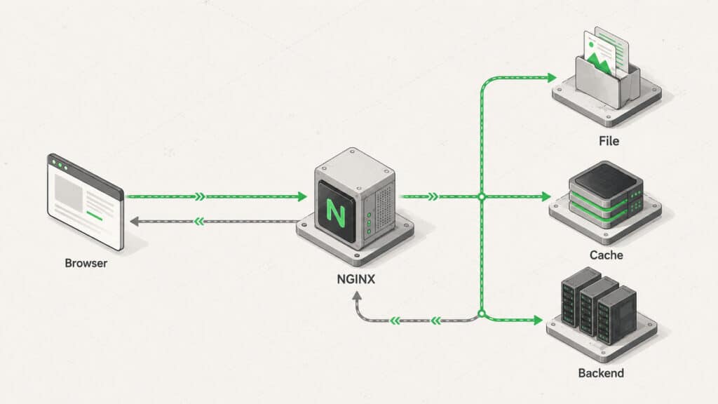 NGINX: cos'è, come funziona e a cosa serve 1 Flusso di una richiesta HTTP attraverso NGINX verso file statici, cache oppure un server backend.
