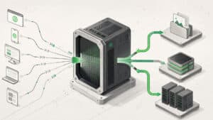 Schema visuale di NGINX che riceve richieste web e le instrada verso cache, file statici e server backend.