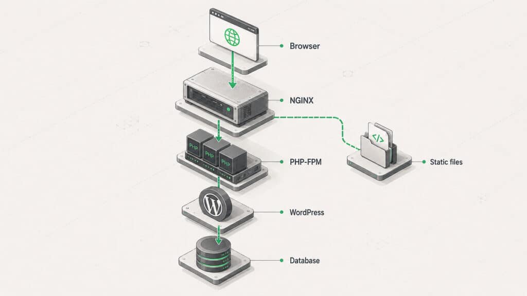 NGINX: cos'è, come funziona e a cosa serve 2 Schema del flusso tra browser, NGINX, PHP-FPM, WordPress e database, con gestione separata dei file statici.