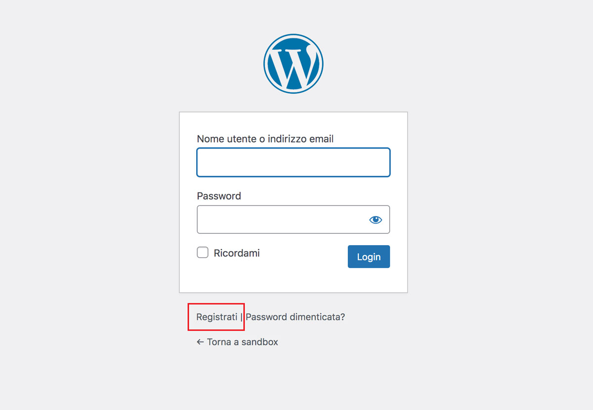 Link per la registrazione dell'utente in WordPress.