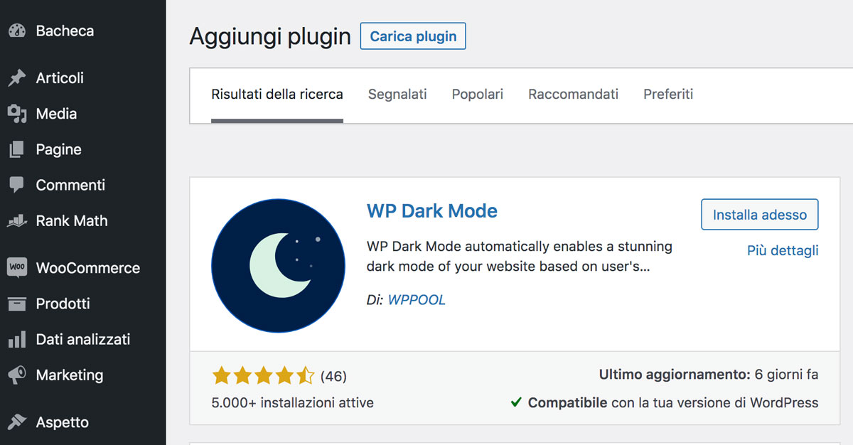 Installazione del plugin WordPress EP Dark Mode