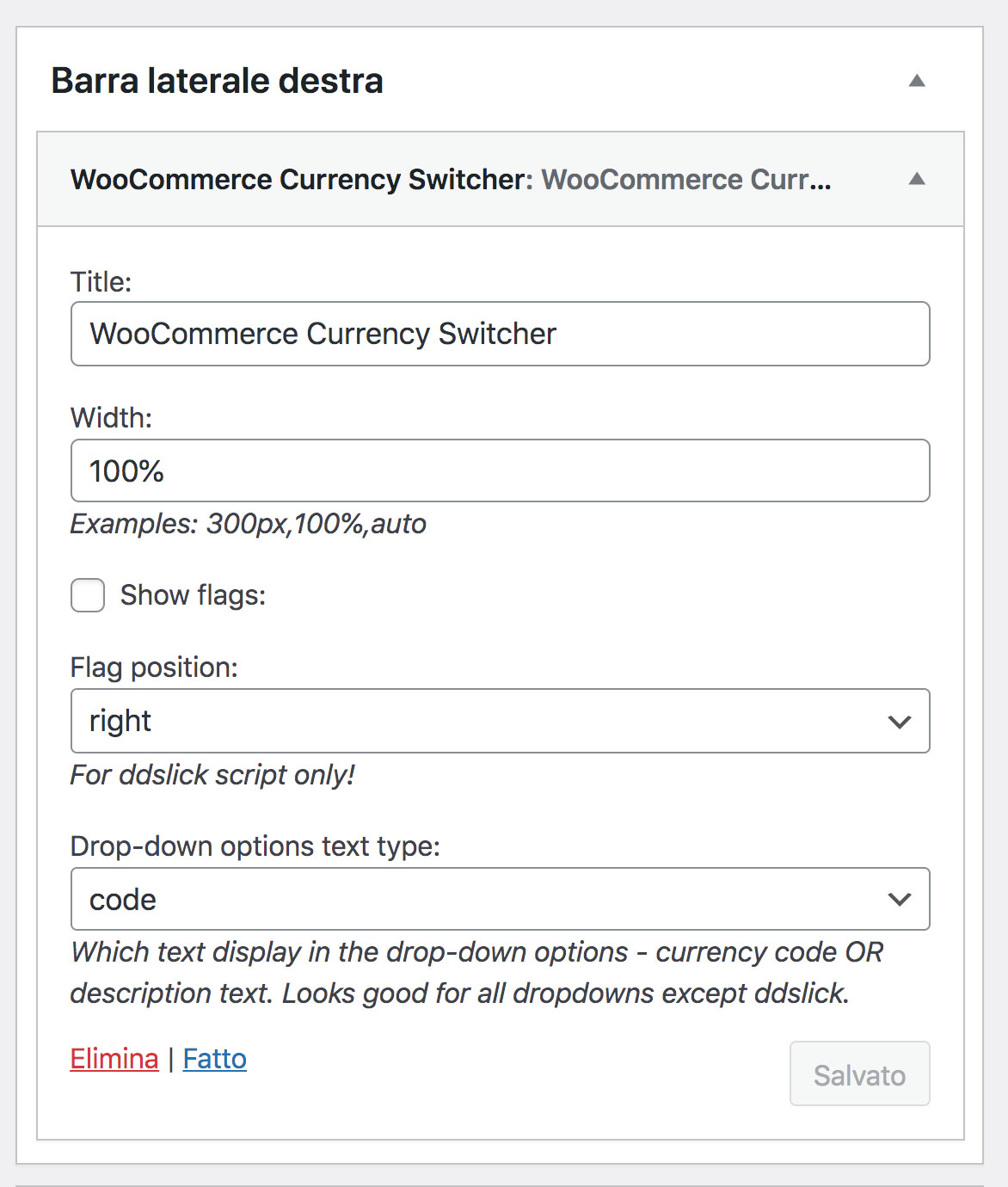 il widget del currency switcher di WooCommerce