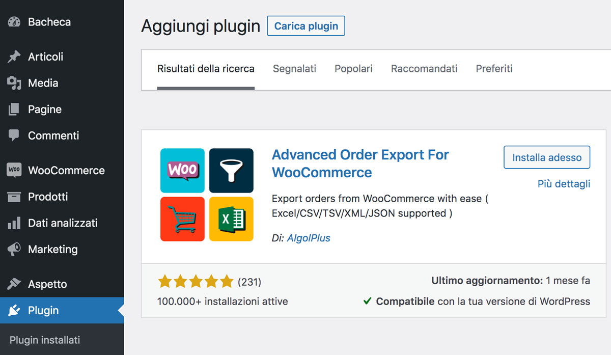 installa il plugin Advanced Order Export For WooCommerce per esportare gli ordini in woocommerce