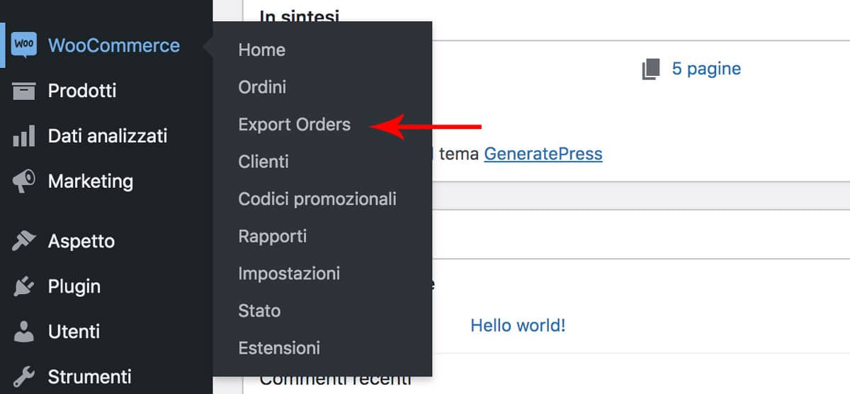 Il menu per l'esportazione degli ordini in WooCommerce