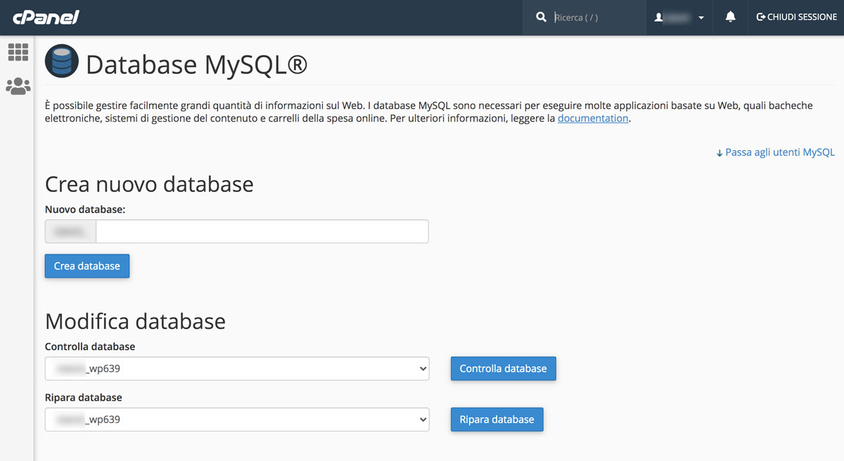 Il database MySQL per il sottodominio di WordPress