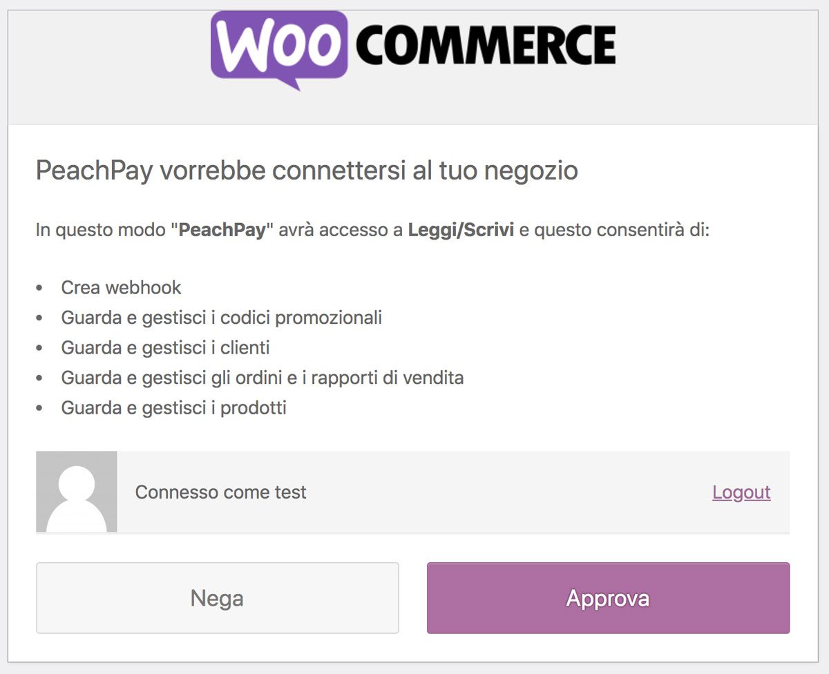 Approvazione della connessione PeachPay WooCommerce.