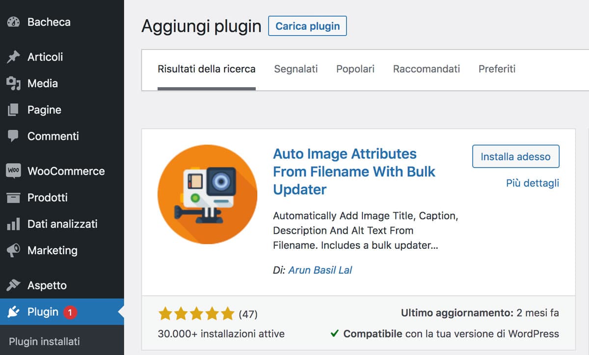 installa il plug-in per l'aggiornamento collettivo del nome file