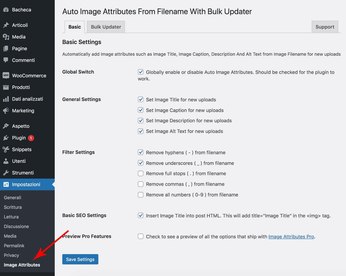 impostazioni del plugin attributi immagine