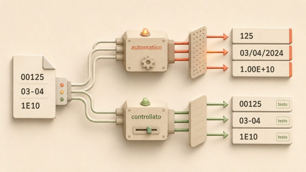 File CSV: cos’è, come funziona, come aprirlo e crearlo senza errori 2 Confronto tra apertura automatica e importazione controllata di un file CSV con codici, date e valori da preservare
