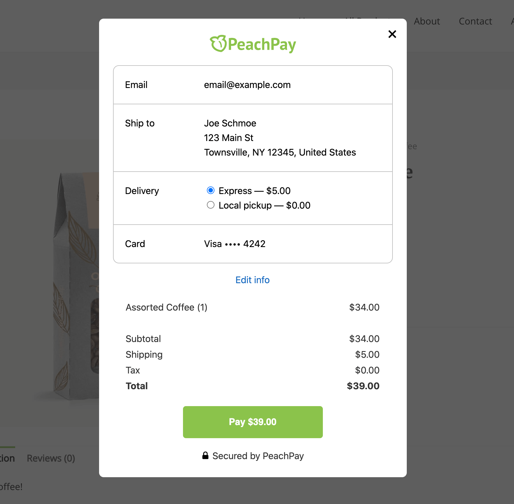 La schermata di conferma per il pagamento con un clic di PeachPay.