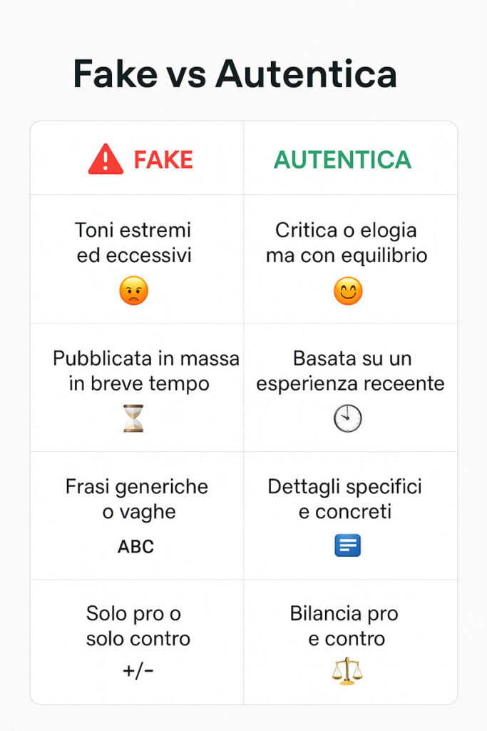 Scheda comparativa per riconoscere recensioni Trustpilot false e autentiche, con simboli visivi ed esempi chiari.