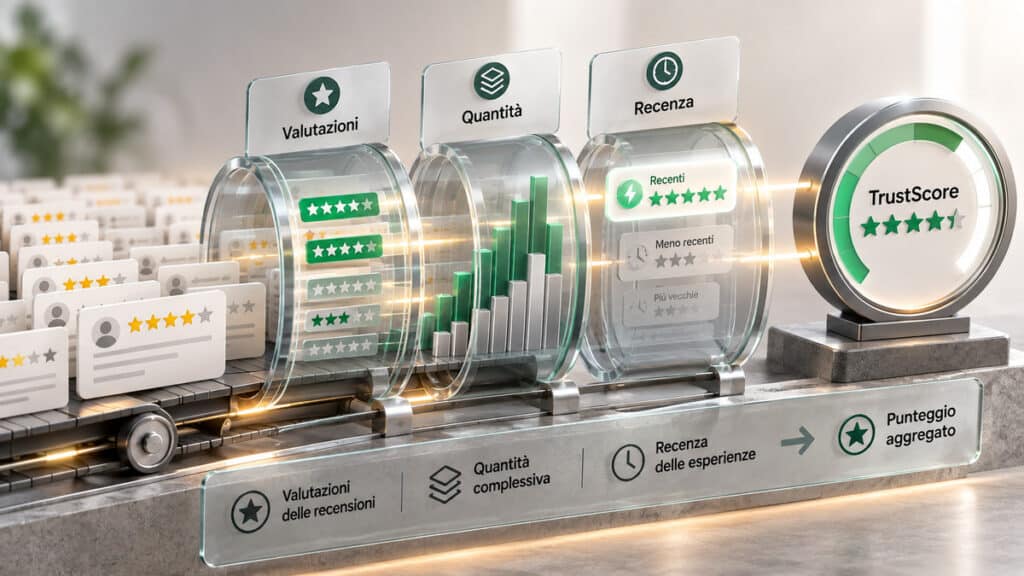 Trustpilot: cos’è, come funziona e quanto sono affidabili le recensioni 1 Schema concettuale del TrustScore di Trustpilot con valutazioni, quantità e recenza delle recensioni