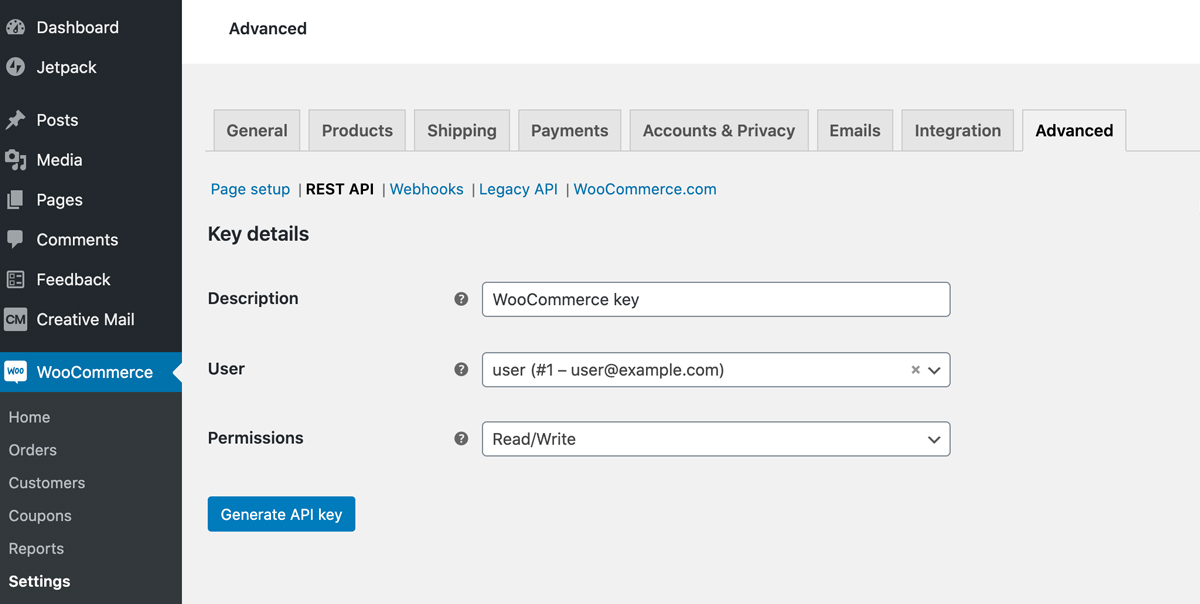 Le impostazioni delle REST API di WooCommerce nella dashboard di WordPress.
