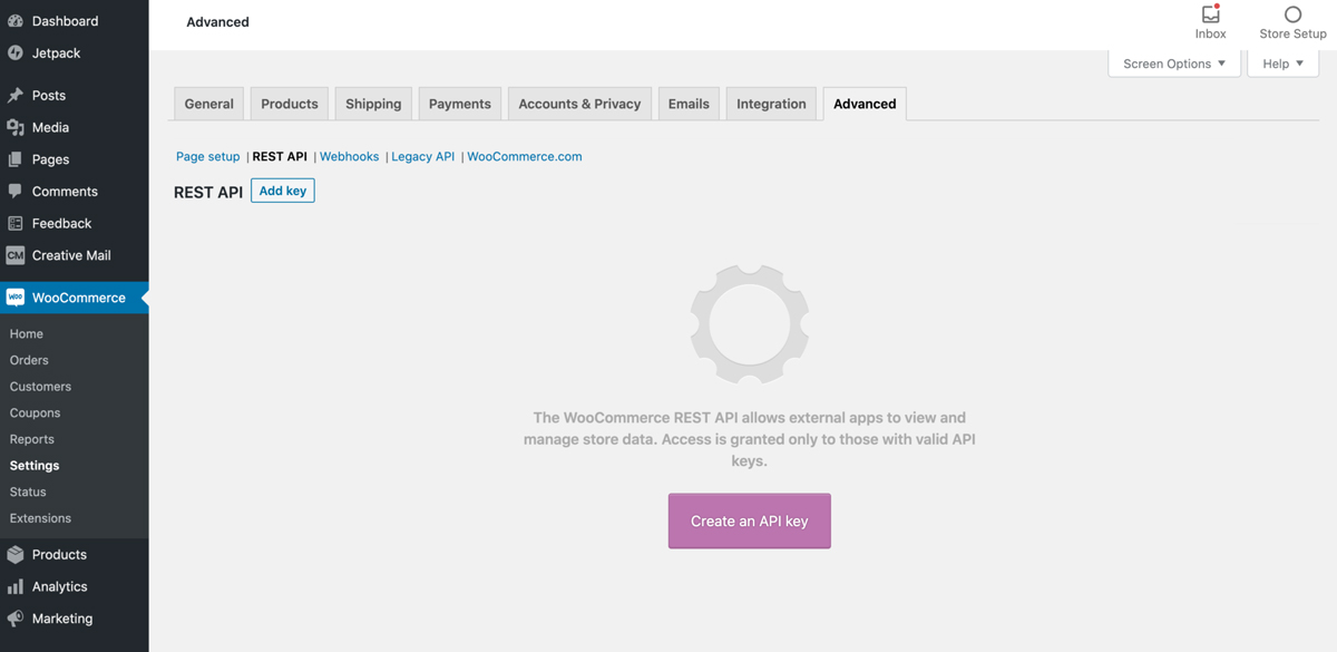 La dashboard delle REST API di WooCommerce.