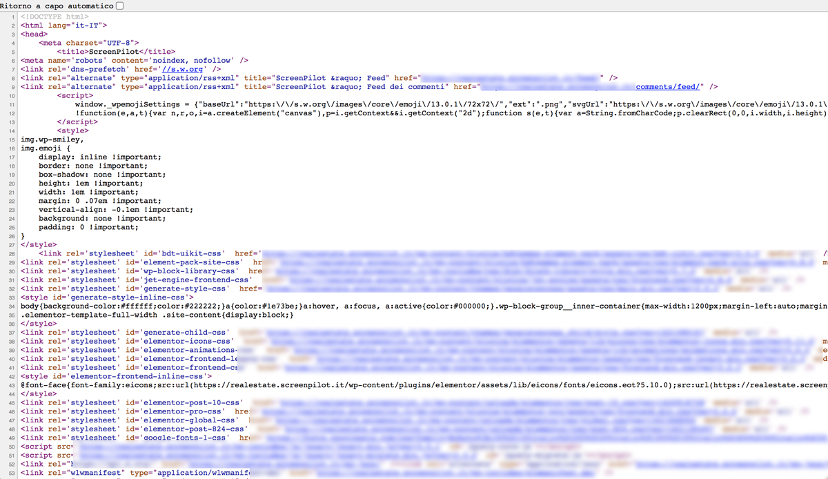 Come può apparire il codice sorgente di un sito WordPress.  Ci sono righe di codice in diversi colori e collegamenti.