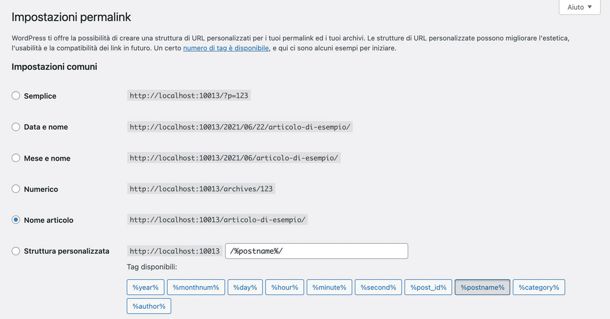 Configurazione delle impostazioni dei permalink in WordPress.