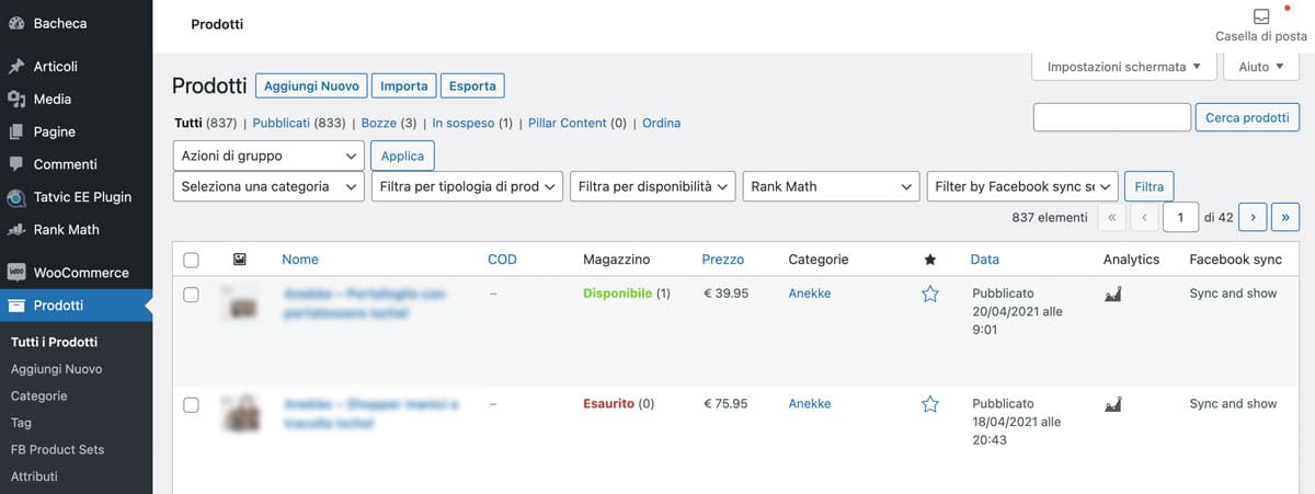 La dashboard di WordPress WooCommerce.