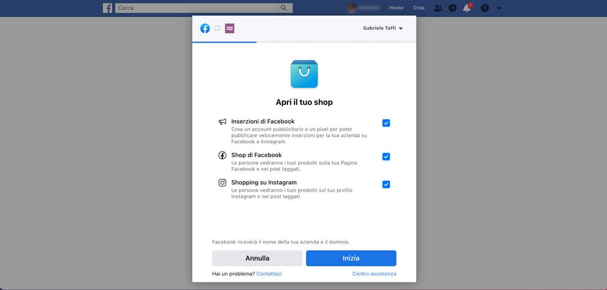 La procedura guidata di configurazione di Facebook Shop.