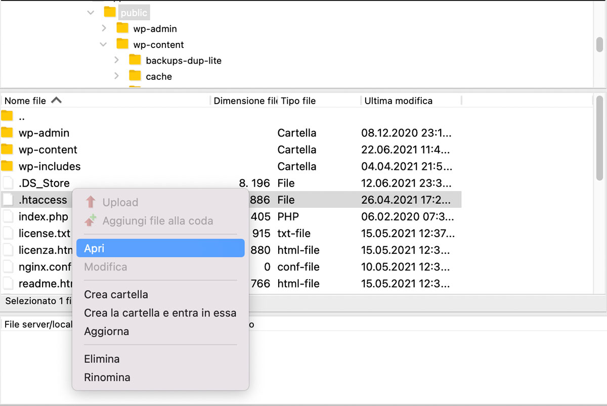 Modifica del file htacess tramite FTP Filezilla