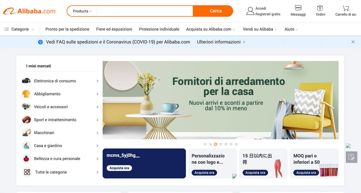 La homepage del sito e-commerce di Alibaba.