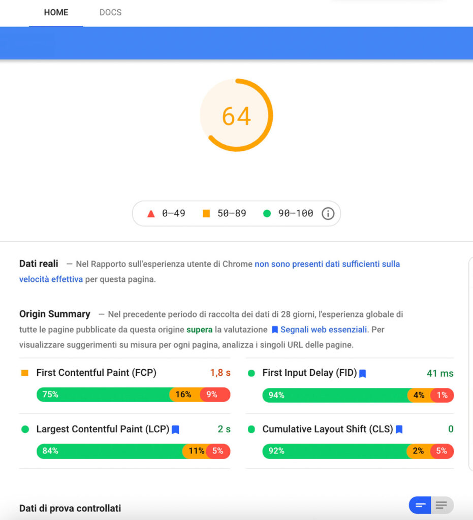 La pagina dei risultati dello strumento Google PageSpeed ​​Insights.