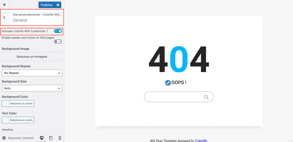 opzioni generali per personalizzare la pagina 404 in wordpress con il plugin Colorlib