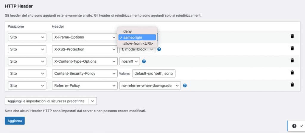 La configurazione dell'intestazione X-Frame del plugin redirection