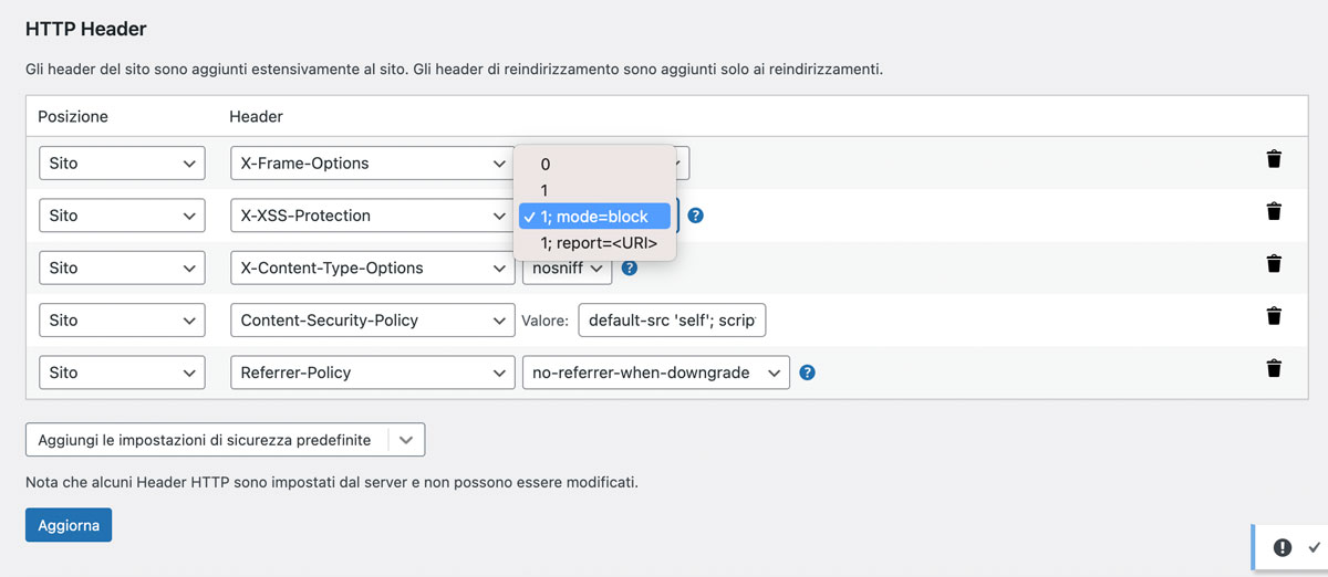 L'intestazione di sicurezza X-XSS-Protection.