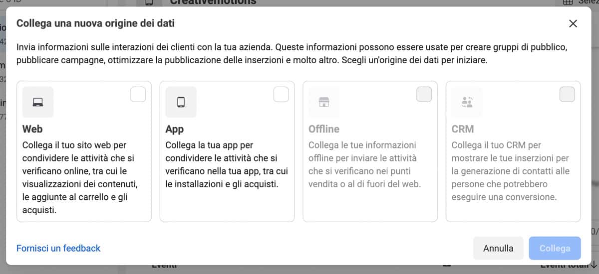 L'opzione per connettere una nuova fonte di dati di Facebook Pixel. 