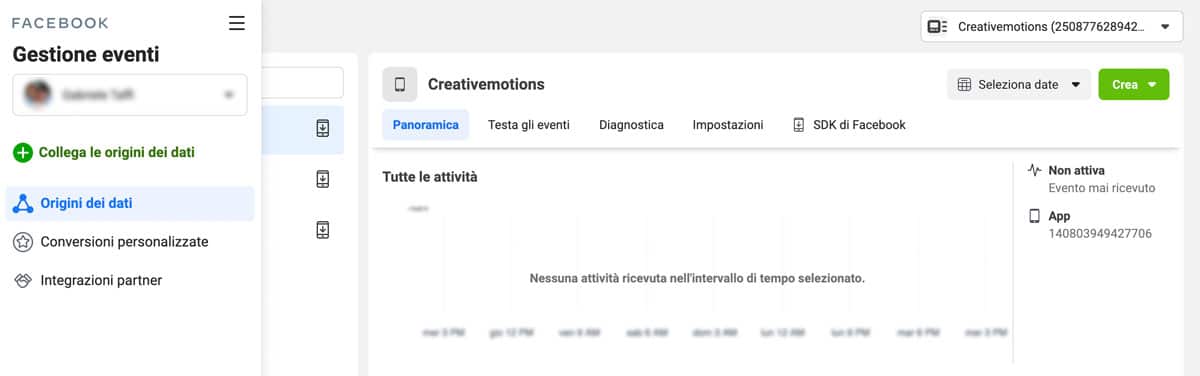 La schermata Gestione eventi di Facebook