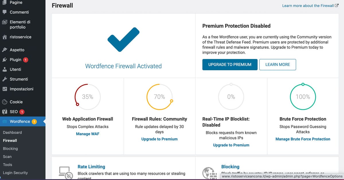 Le impostazioni del firewall di Wordfence. 