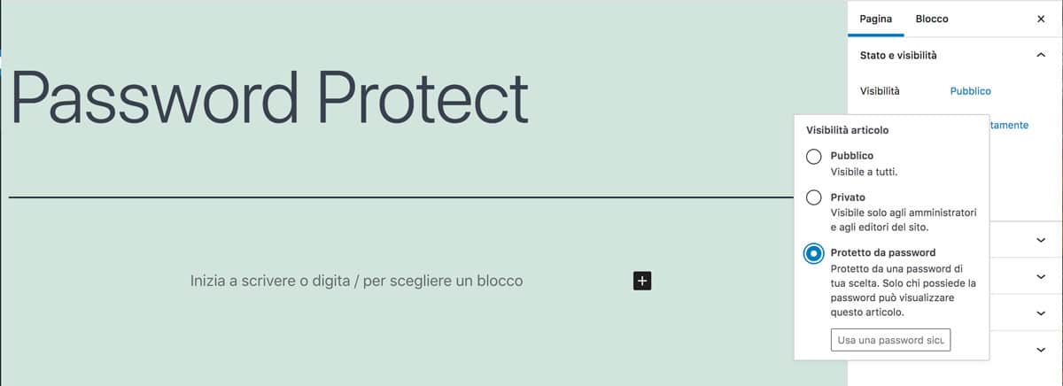 pagina di protezione con password in wordpress - scegli la password