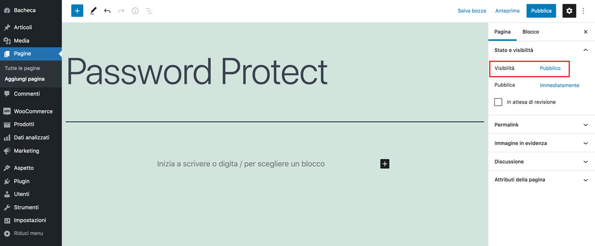 pagina protetta da password in wordpress - proteggi pagina