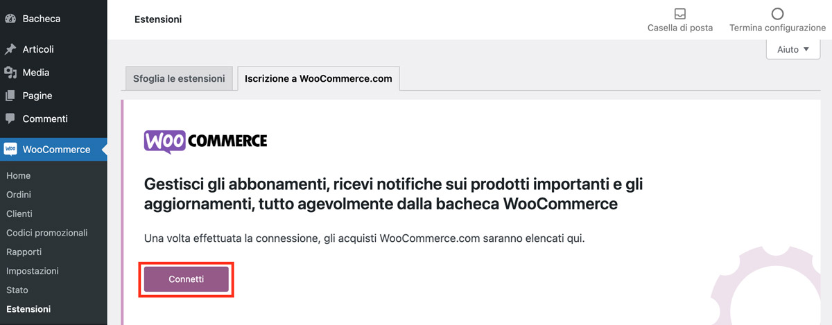 La pagina delle impostazioni di WooCommerce per connettere gli abbonamenti WordPress e WooCommerce.